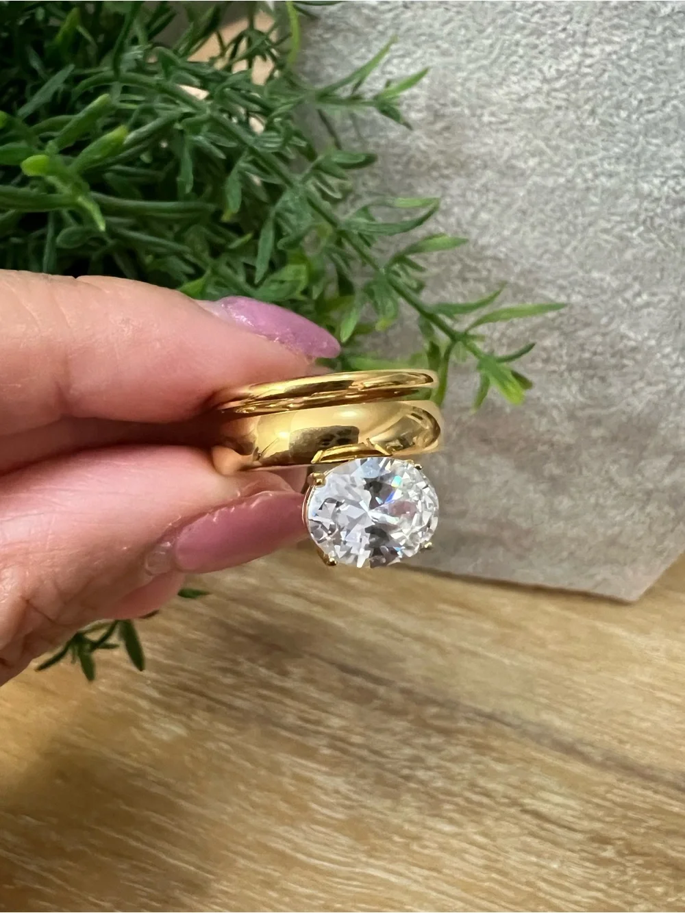 18K Gold-Plated Ring with Clear Cubic Stone - Size 7